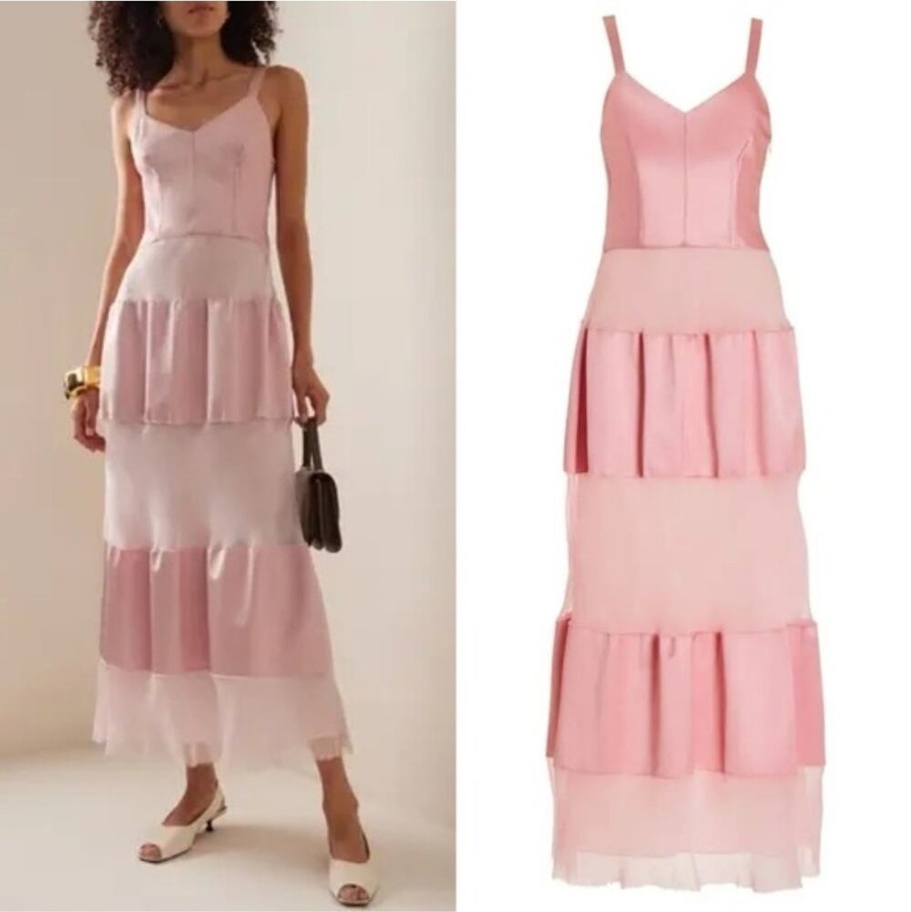 NWT $1450 Marina Moscone Pink Bonded Bias Bustier Dress Blush Maxi Gown Sz 6